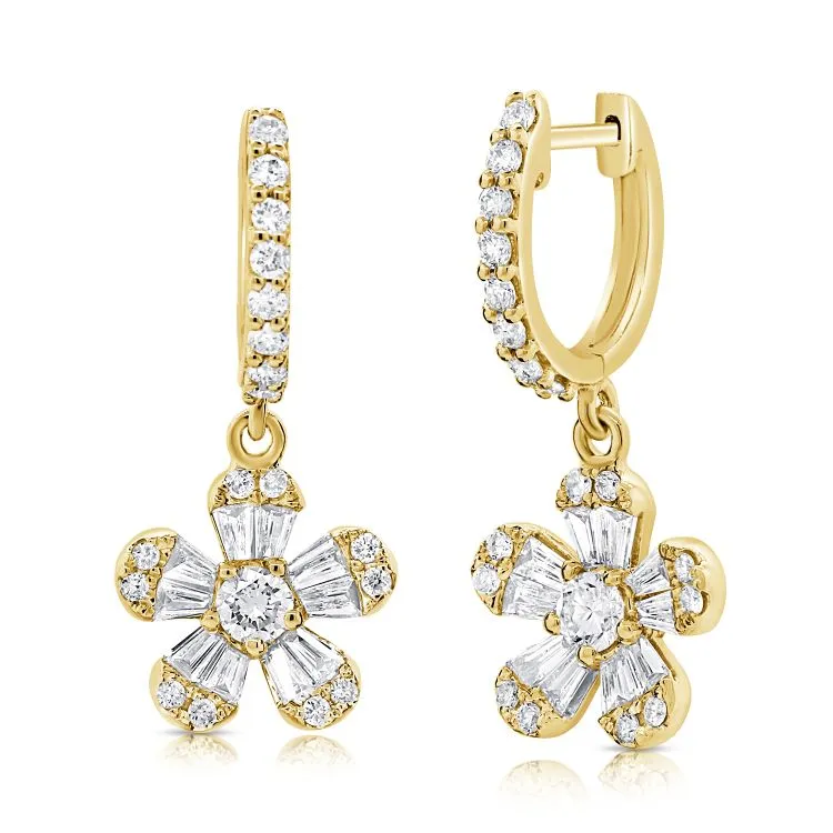 14k Gold 0.50Ct Baguette, 0.60Ct Round Diamond Flower Earring, available in White, Rose and Yellow Gold