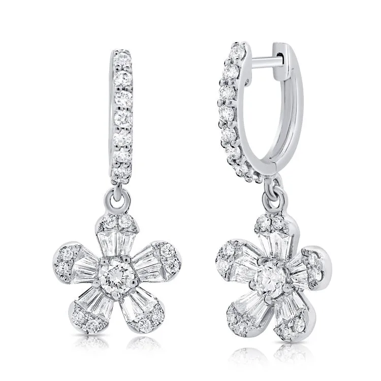 14k Gold 0.50Ct Baguette, 0.60Ct Round Diamond Flower Earring, available in White, Rose and Yellow Gold