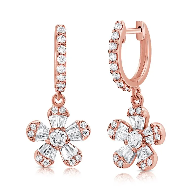 14k Gold 0.50Ct Baguette, 0.60Ct Round Diamond Flower Earring, available in White, Rose and Yellow Gold