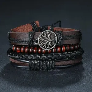 3/4Pcs Braided Wrap Leather Bracelets Sets/Rudder Charm Wood Beads Wristbands