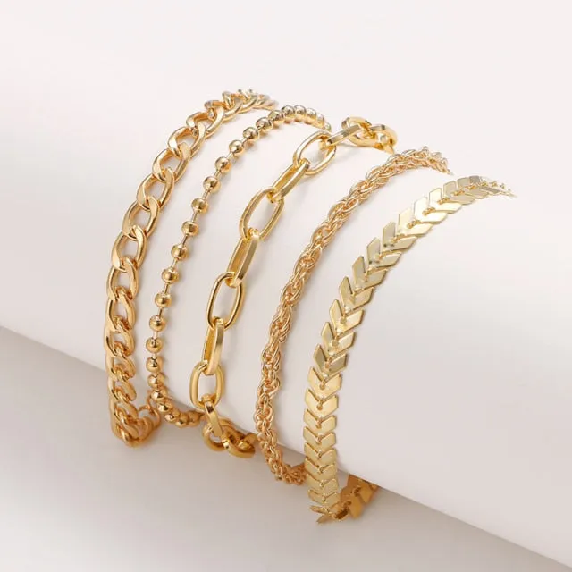 4Pcs Punk Heavy Metal Big Thick Chain Bracelet Set Women Retro Geometric Metal Twist Chain Bangles Bracelet Fashion Jewelry