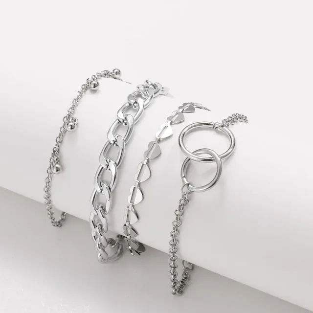 4Pcs Punk Heavy Metal Big Thick Chain Bracelet Set Women Retro Geometric Metal Twist Chain Bangles Bracelet Fashion Jewelry