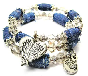 Angel Wings Folded Into A Heart Shape Blue Jean Beaded Wrap Bracelet