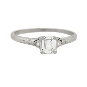 Art Deco Platinum Emerald Cut Diamond Engagement Ring 0.47ct