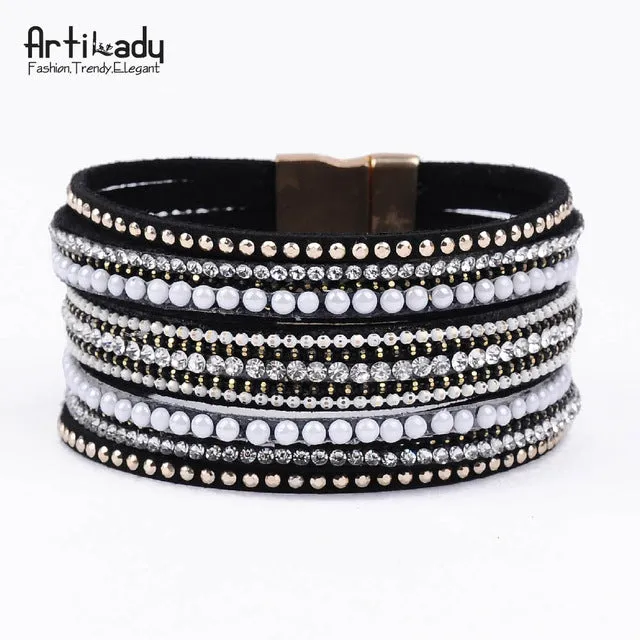 Artilady natural crystal bracelet luxury exclusive design genuine leather statement bangles for women with magic closure jewelry