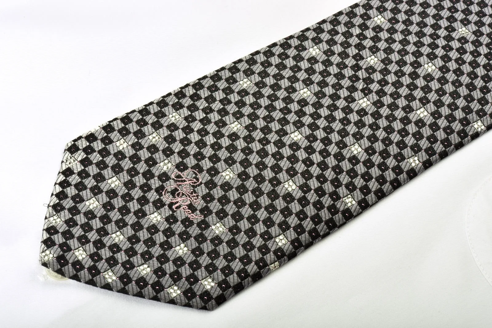 Austin Reed Rhinestone Silk Necktie Silver Black Checkered With Silver Sparkles