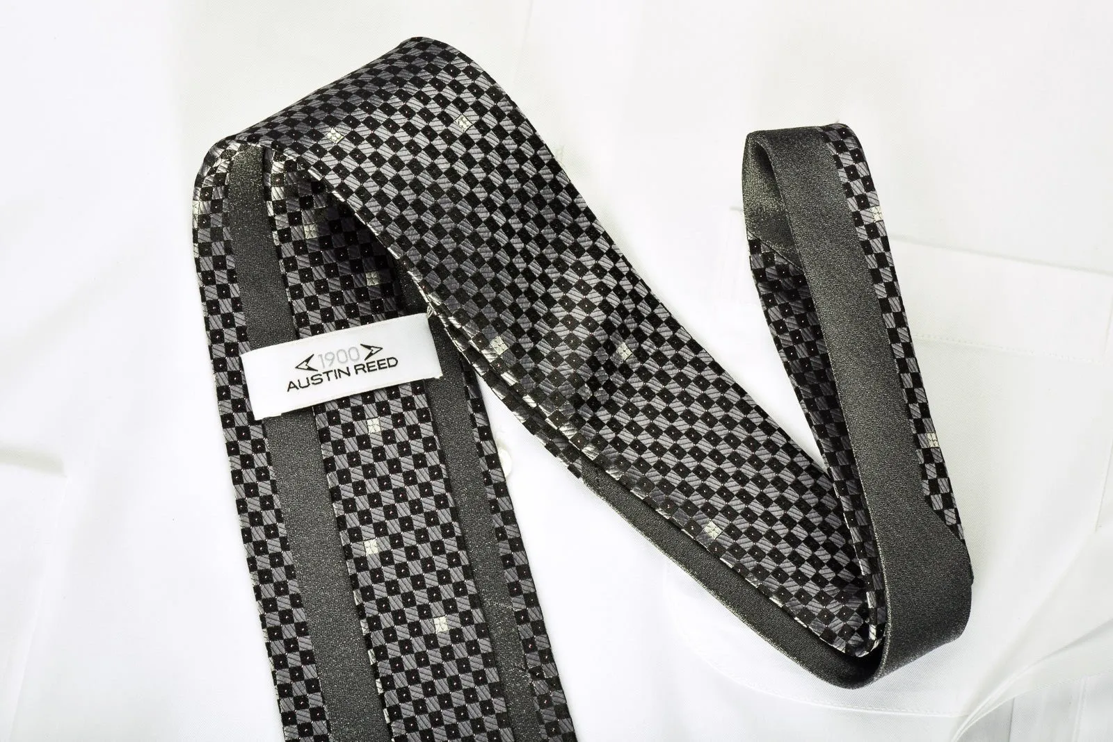 Austin Reed Rhinestone Silk Necktie Silver Black Checkered With Silver Sparkles