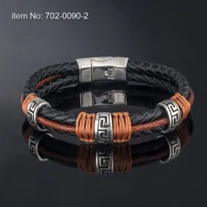 Axion Sterling Silver With Greek Key Motif  Genuine Leather Bracelet