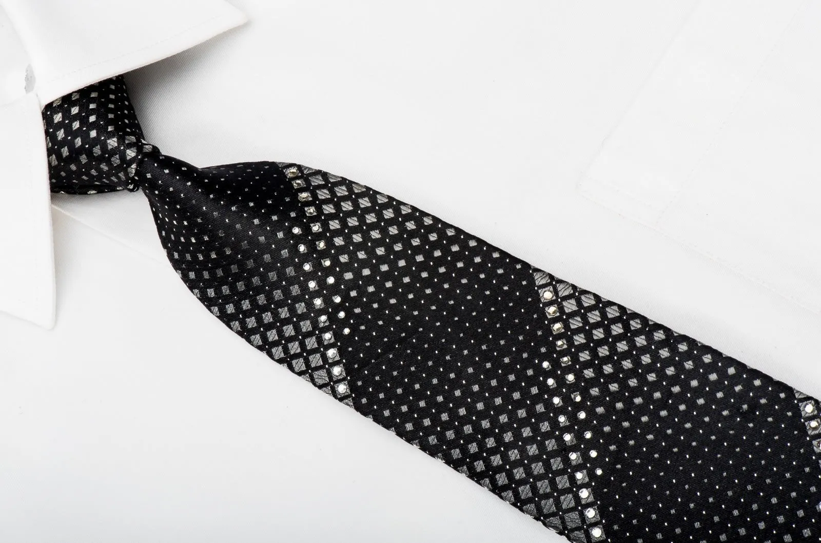 Basic Elle Crystal Studded Black Rhinestone Necktie Silver Checker Squares On Black With Silver Sparkles