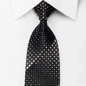 Basic Elle Crystal Studded Black Rhinestone Necktie Silver Checker Squares On Black With Silver Sparkles