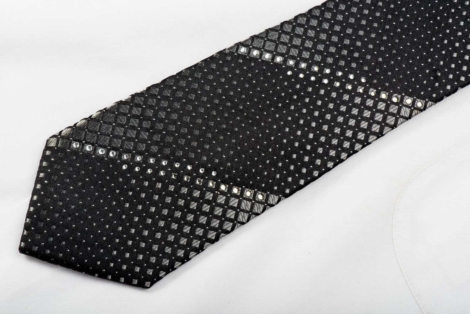 Basic Elle Crystal Studded Black Rhinestone Necktie Silver Checker Squares On Black With Silver Sparkles