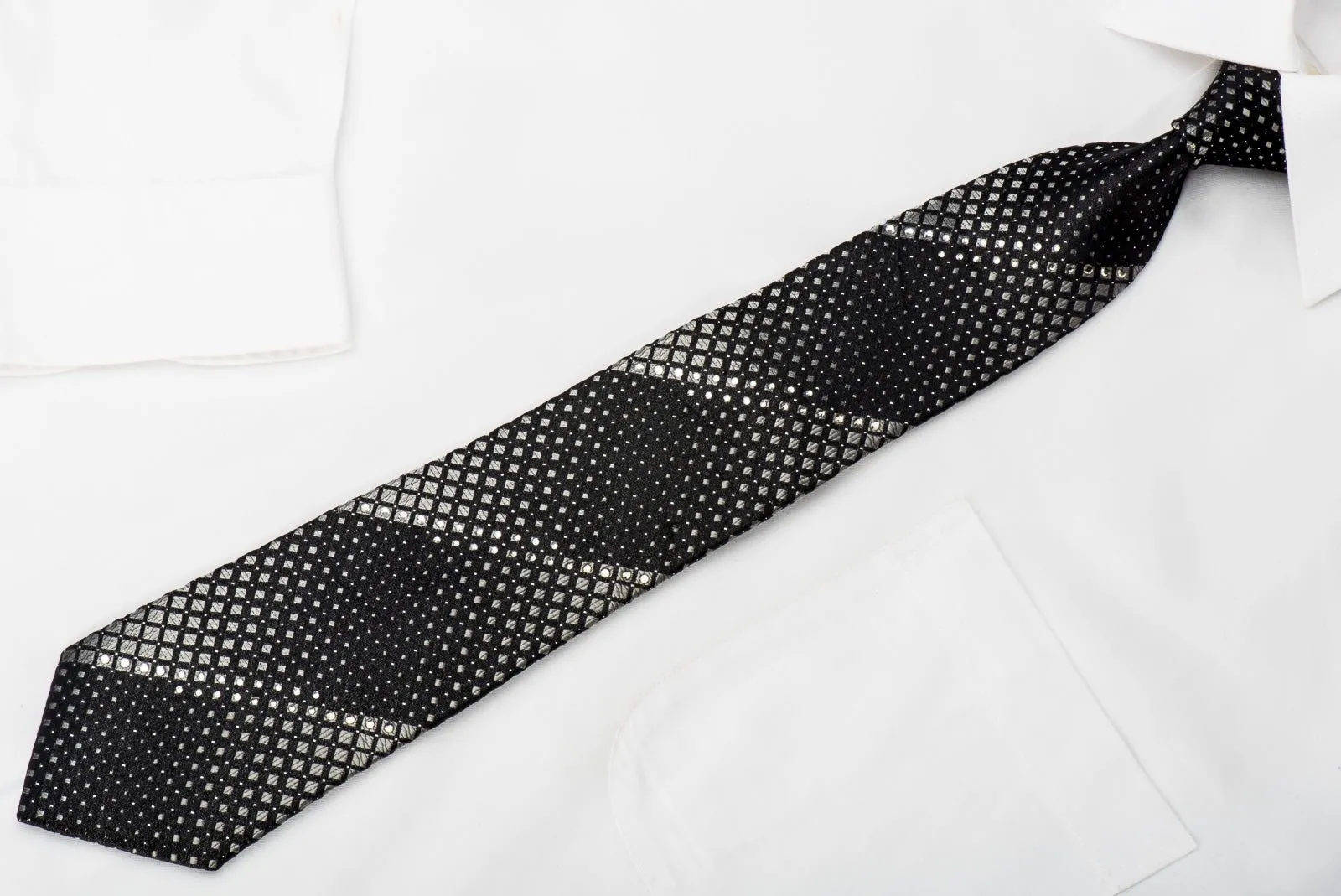 Basic Elle Crystal Studded Black Rhinestone Necktie Silver Checker Squares On Black With Silver Sparkles