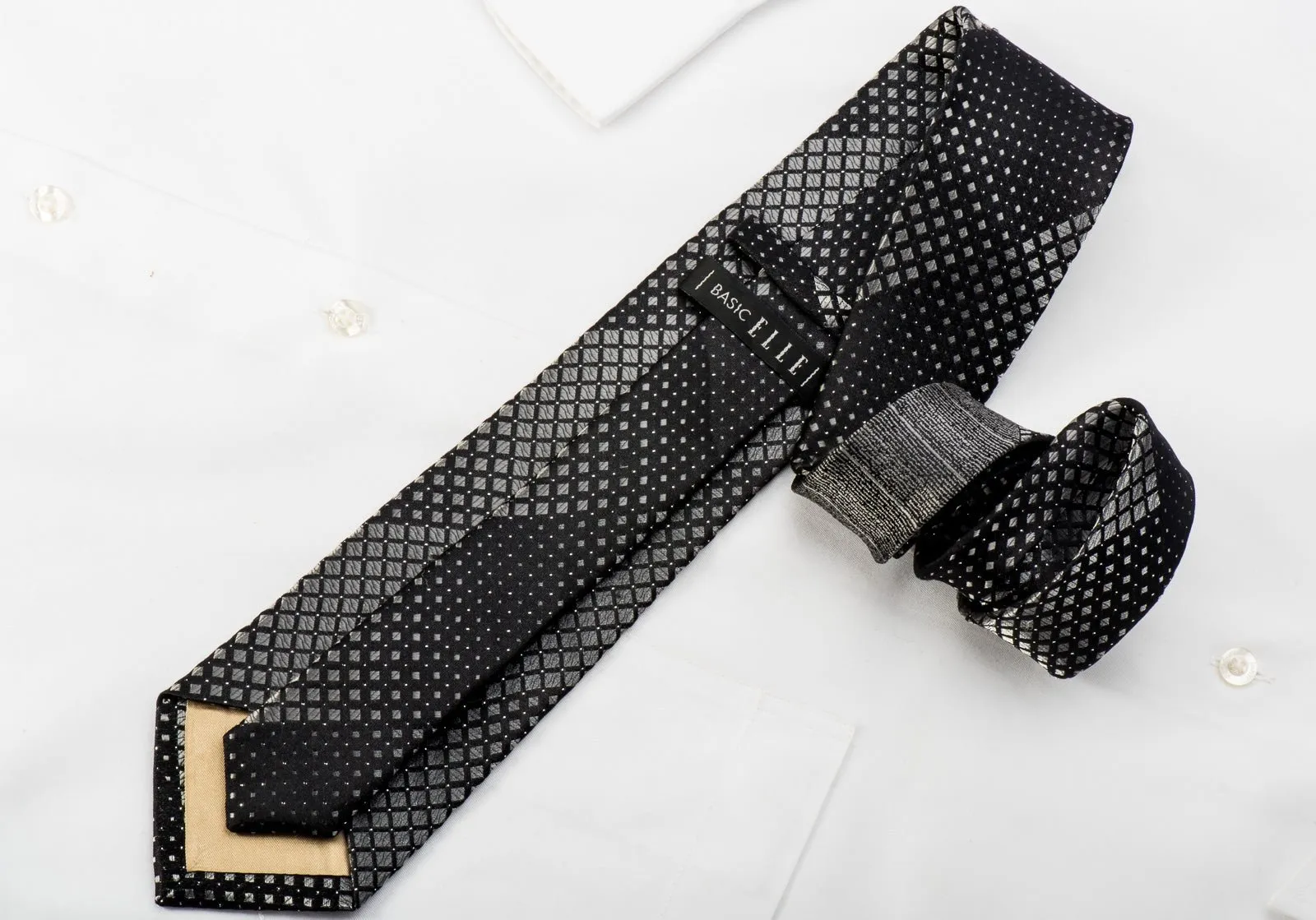 Basic Elle Crystal Studded Black Rhinestone Necktie Silver Checker Squares On Black With Silver Sparkles