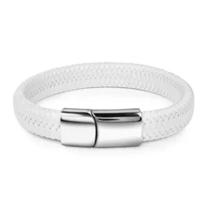 Classy Men White & Silver Braided Leather Bracelet