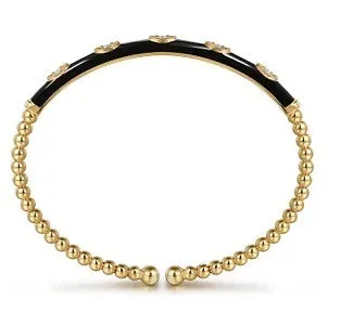 Diamond Yellow Gold Bujukan Beads Split Bangle Bracelet with Black Enamel