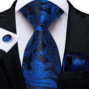 DiBanGu Dress Tie Persian Blue Paisley Mens Work Silk Tie Pocket Square Cufflinks Set