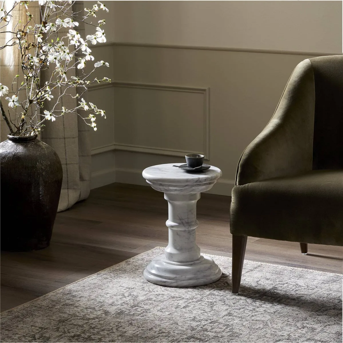 Four Hands Cyprus End Table in Veined Solid White Marble