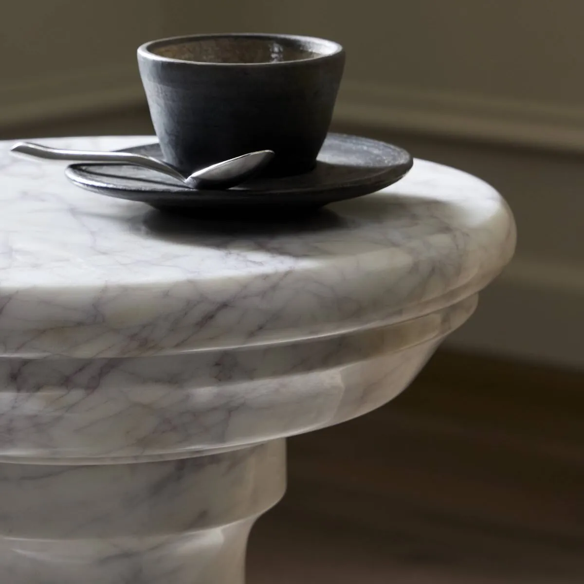 Four Hands Cyprus End Table in Veined Solid White Marble