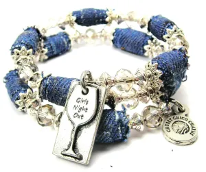 Girl's Night Out Wine Glass Blue Jean Beaded Wrap Bracelet