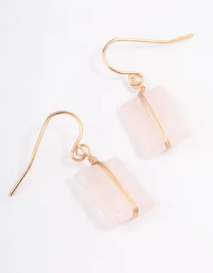 Gold Rose Quartz Square Stone Earrings