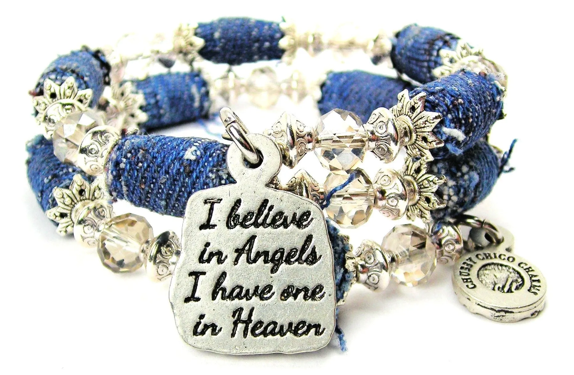 I Believe In Angels I Have One In Heaven Blue Jean Beaded Wrap Bracelet