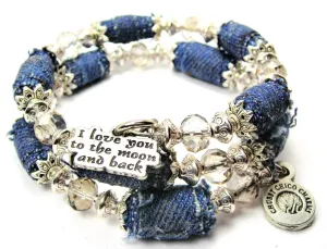 I Love You To The Moon And Back Blue Jean Beaded Wrap Bracelet