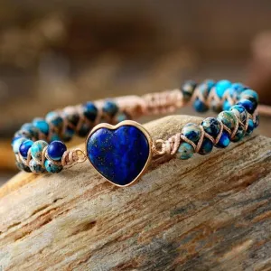 Jasper Heart Charm Braided Bracelet - d. blue