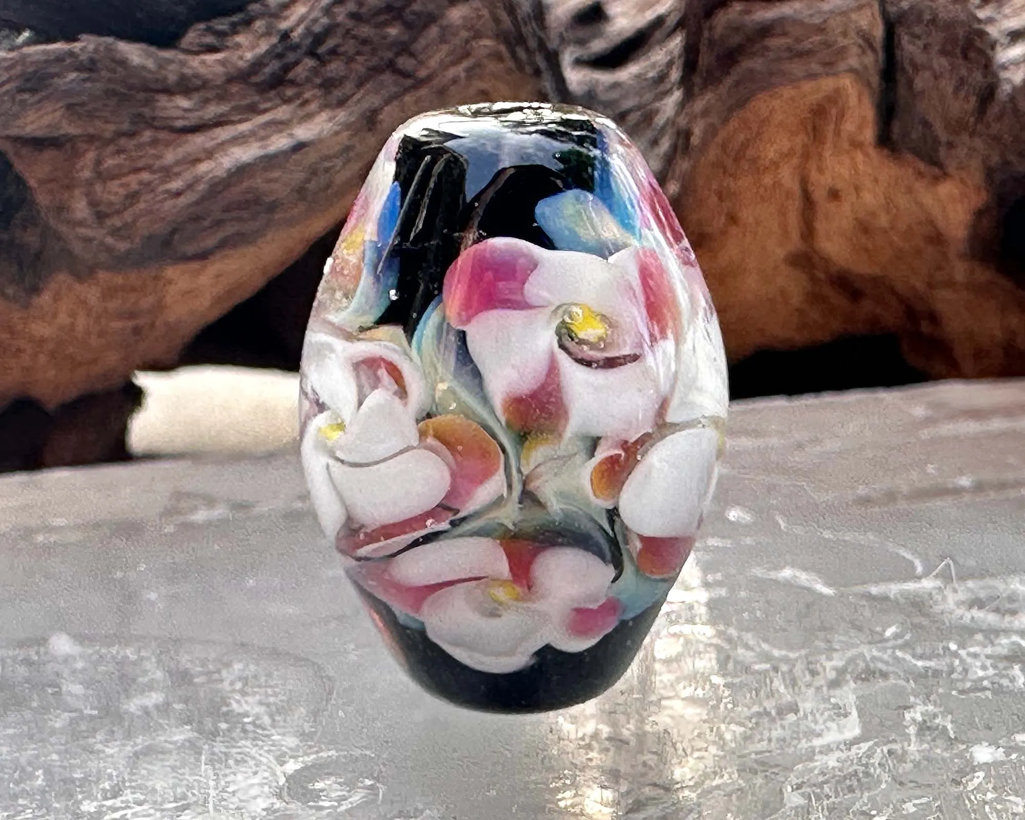 Pink & White Floral Lampwork Focal Bead SRA