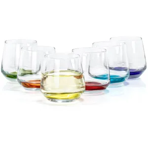 Red Co. Set of 6 Stemless 11.75 Oz Short Wine Drinking Glass Tumblers with Rainbow Colored Bottoms