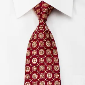 Renoma Mens Rhinestone Silk Necktie Gold Floral Medallions On Burgundy With Sparkles