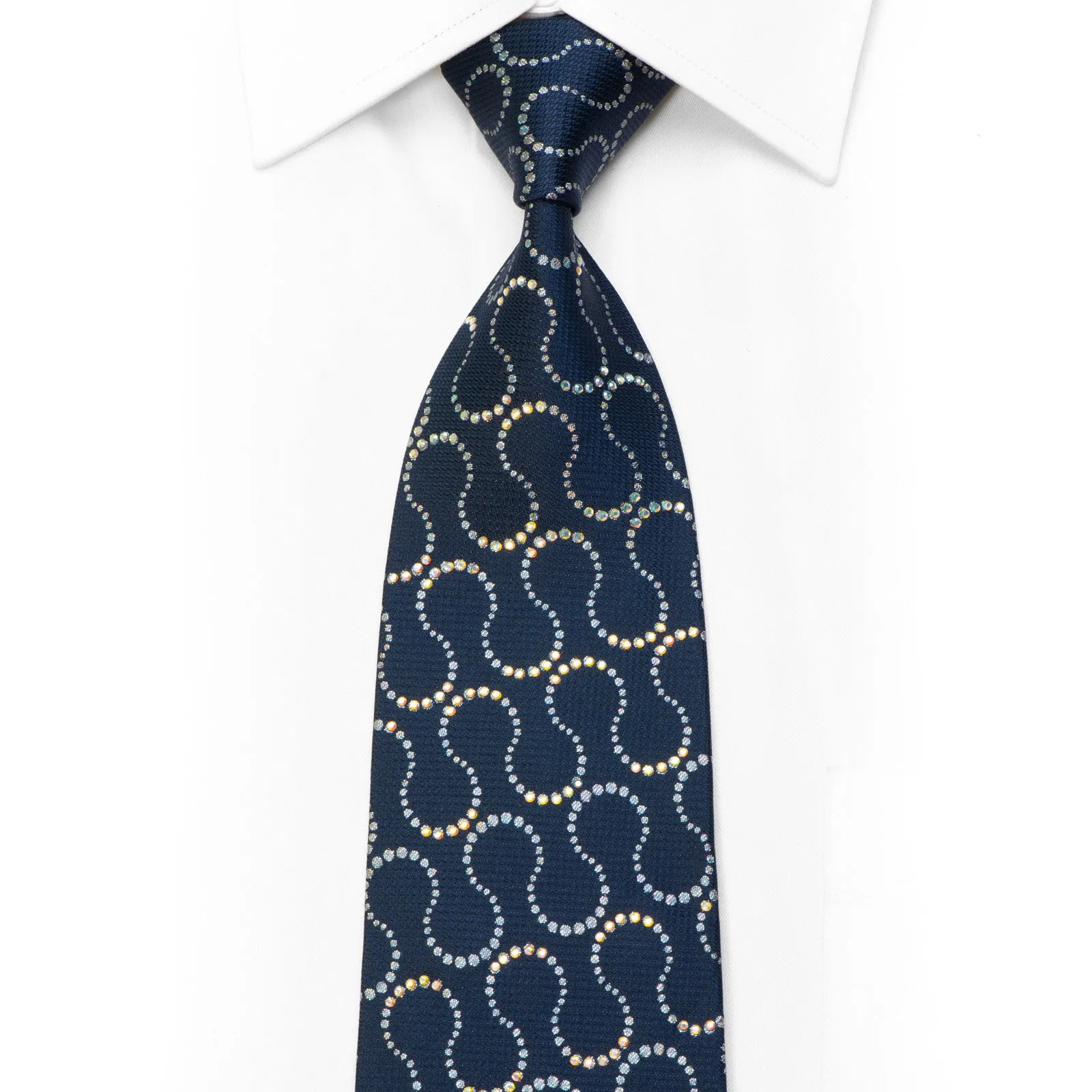 Renoma Silk Tie Silver Waves On Navy Sparkling With Rhinestones