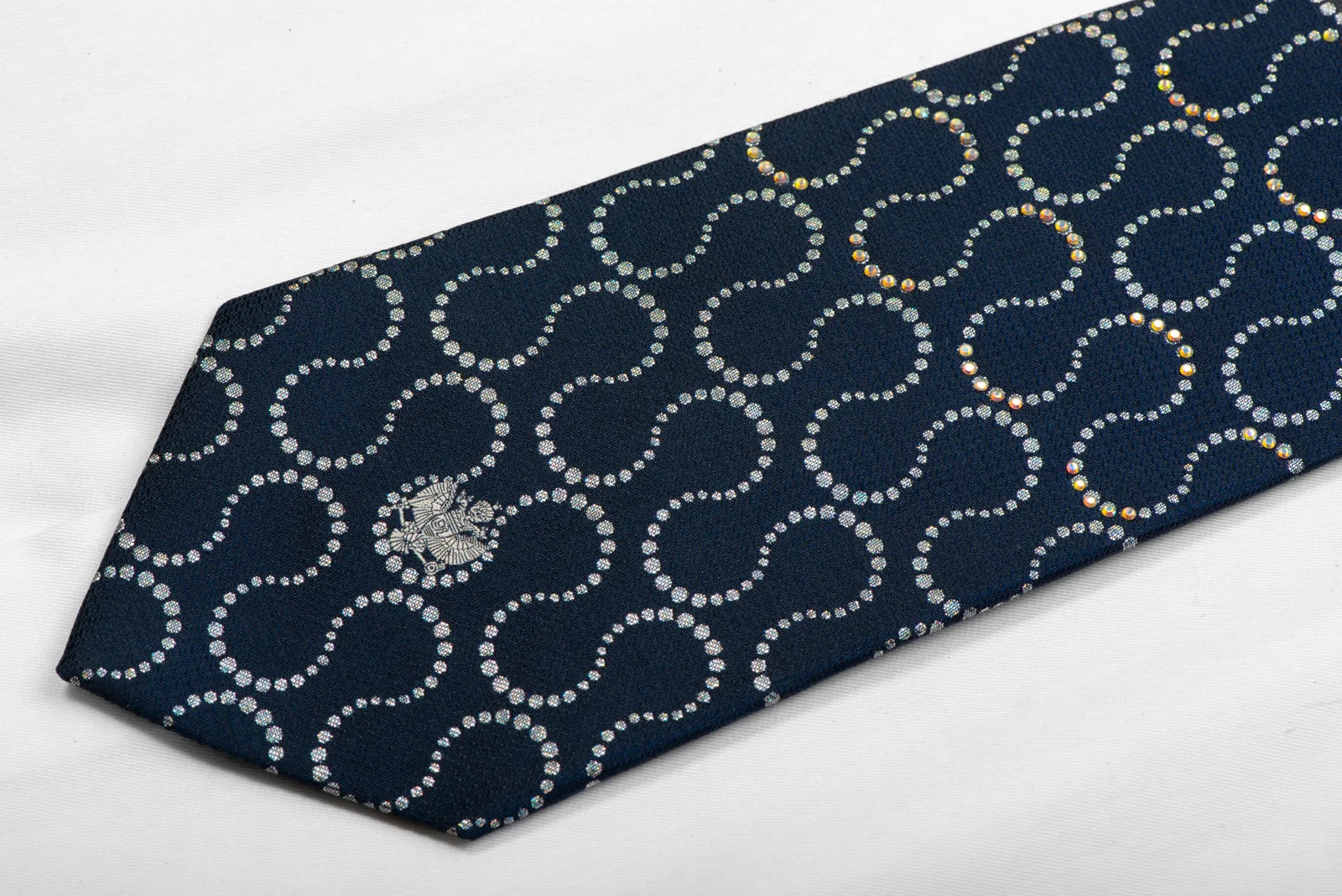 Renoma Silk Tie Silver Waves On Navy Sparkling With Rhinestones