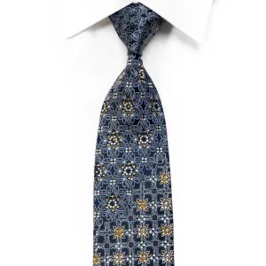 Rhinestone Silk Necktie Silver Gold Cartouche On Navy With Blue Sparkles