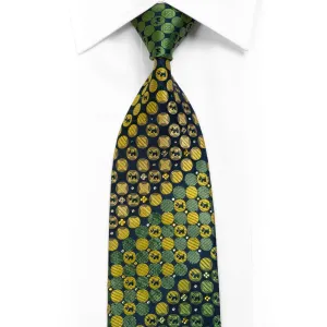 Silk Necktie Green Yellow Geometric & Scotty Dogs On Navy With Rhinestones