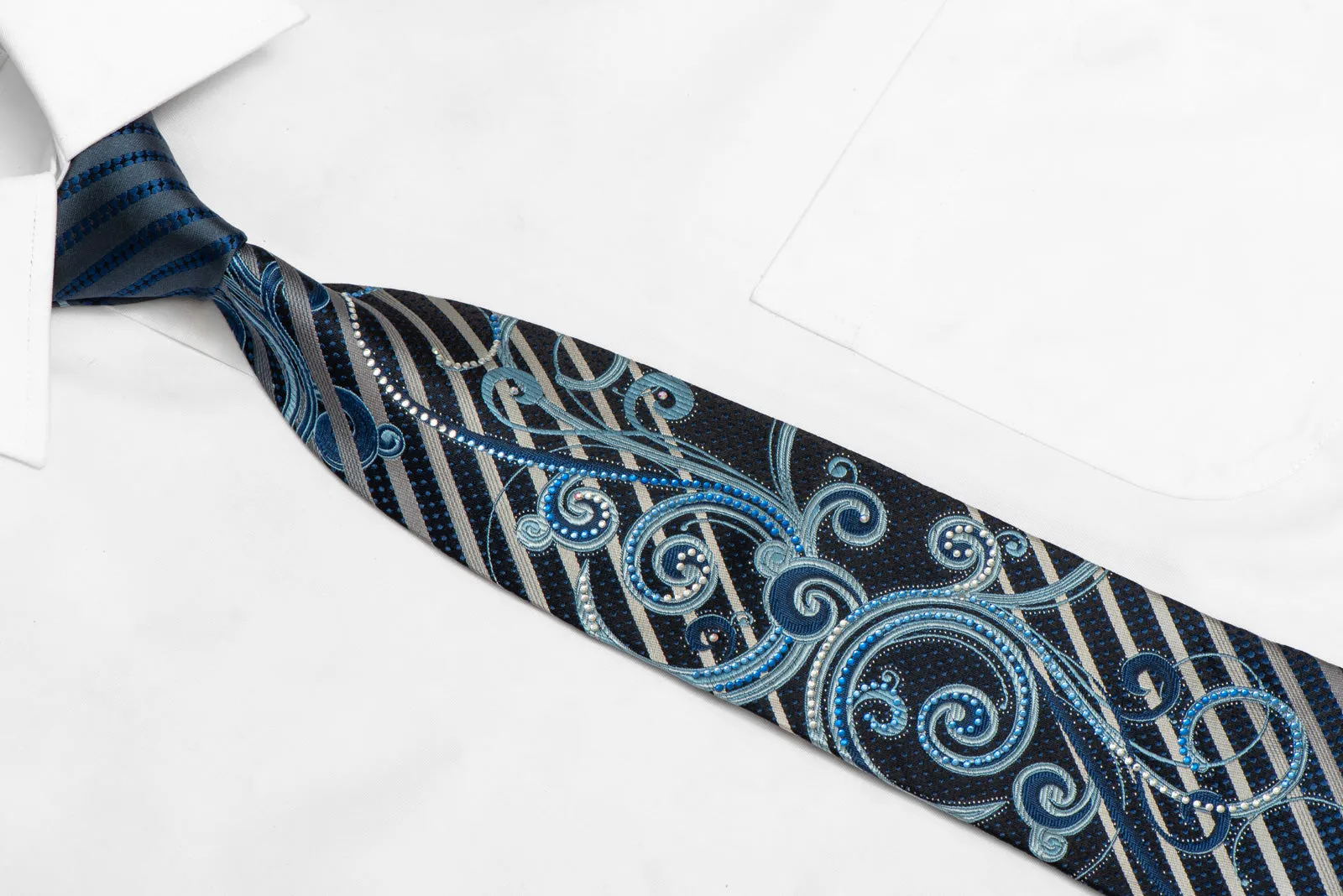 Silver Striped & Scrolls On Navy Rhinestone Silk Necktie With Sparkles