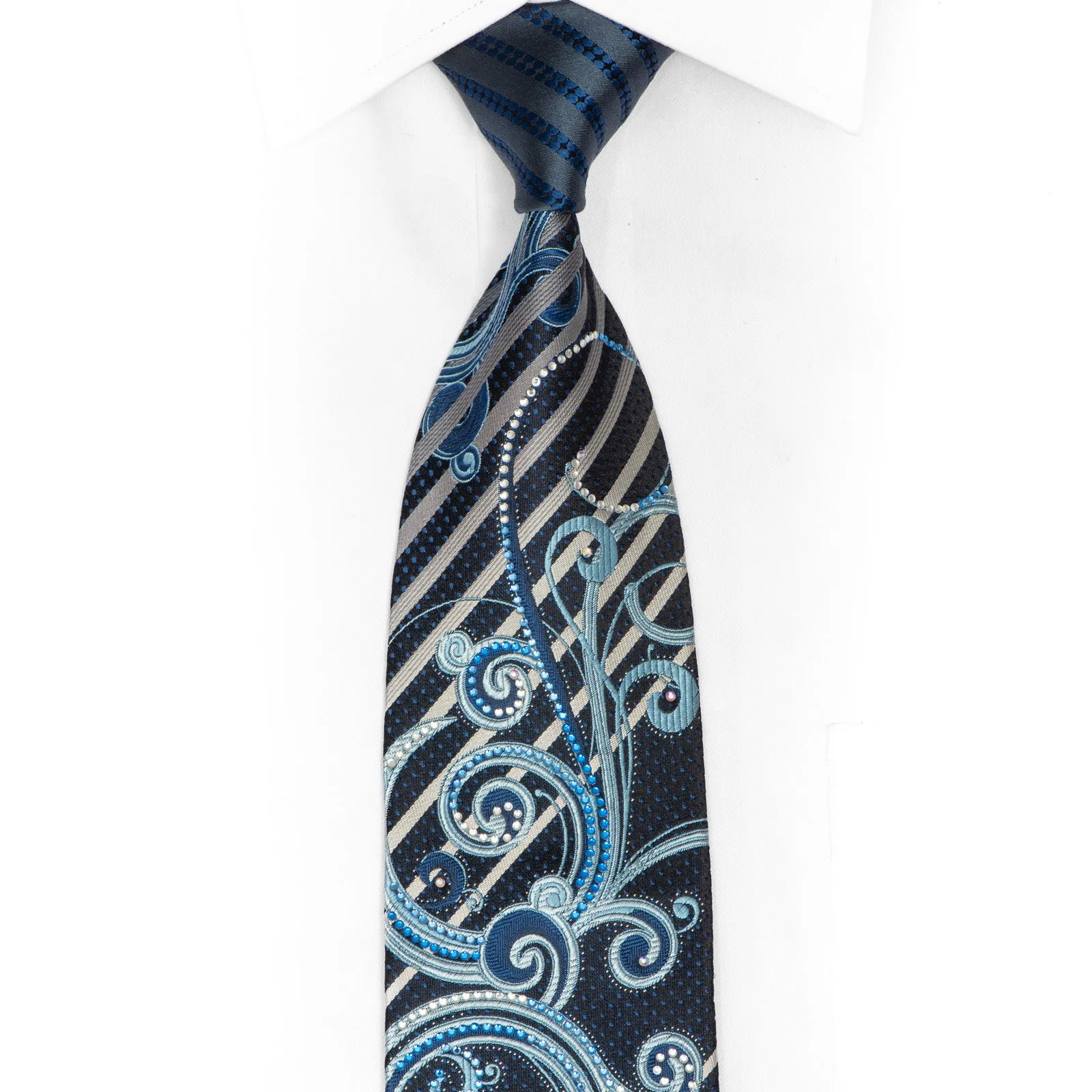 Silver Striped & Scrolls On Navy Rhinestone Silk Necktie With Sparkles