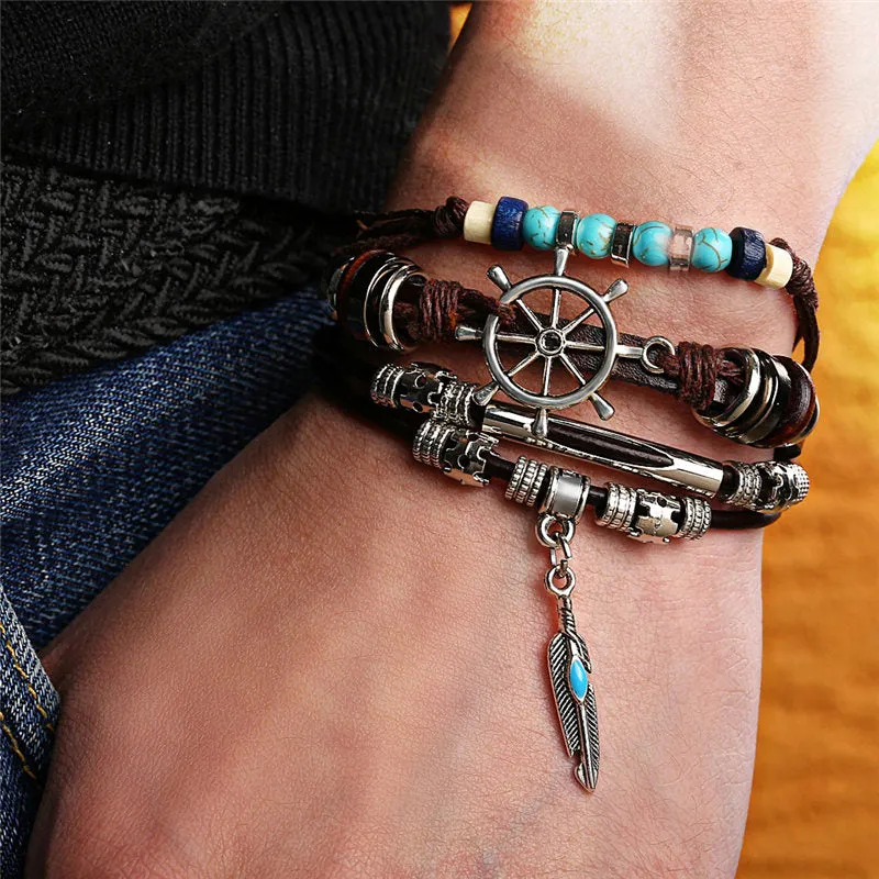 Tibetan Stone Feather Bracelet Leatherette Luck Bead Charms Bracelet