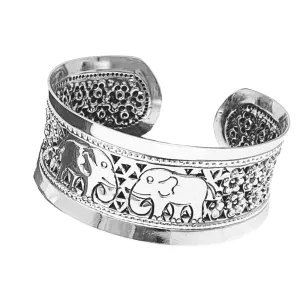 Wide Sterling Silver Elephant Cuff Bangle