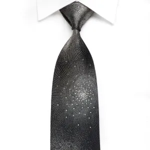 Yezak Men's Crystal Silk Necktie Silver Geometric On Black With Silver Sparkles